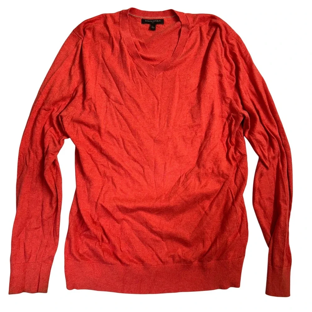 Banana Republic Mens‎ V-Neck Sweater Large Coral Orange Knit Pullover sz Large
